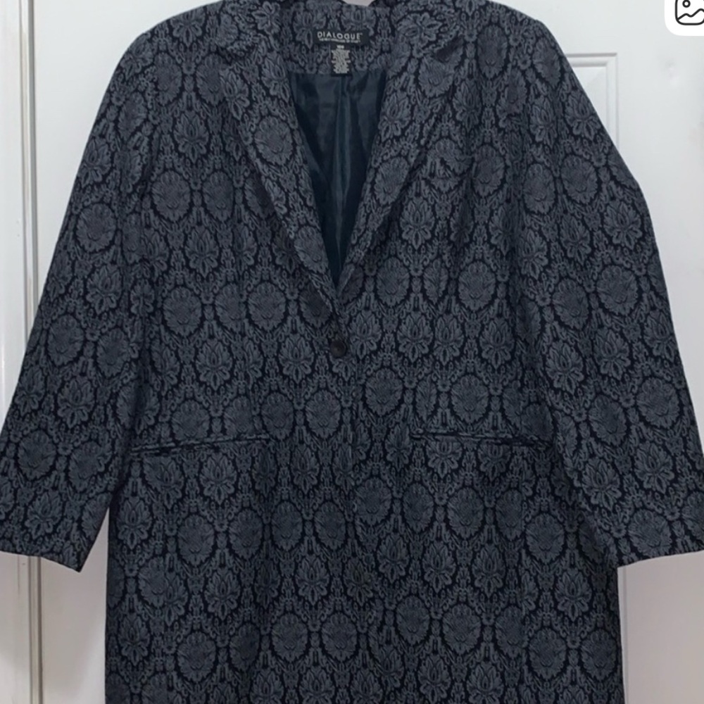 Dialogue Dark Academia Navy Blue & Black Jacquard Damask Long Blazer Jacket 18W